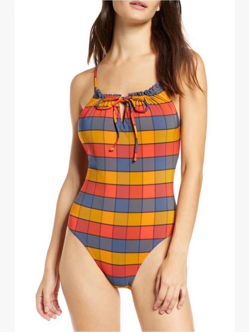 Madewell Women's Medium Second Wave Ruffled Drawstring One Piece Swimsuit Plaid